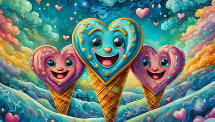 oil painting style cartoon character illustration  heart shaped candy, glazed pancake, ice cream, three color