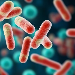 Antibiotic-resistant bacteria community under microscope, 3D illustration