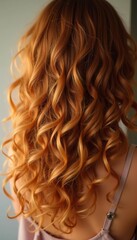 Fototapeta premium Stunning curls of honey-colored hair, showcasing their shine and bouncy texture, illuminated elegantly by gentle, natural light. Generative AI