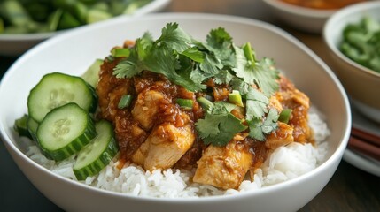 A hearty meal of steamed rice and juicy chicken, garnished with cucumber and cilantro, served with a flavorful sauce.