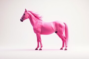 Vibrant pink horse standing in profile isolated on white background