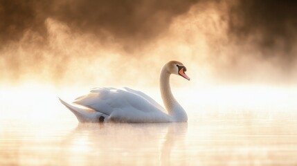 Fototapeta premium A lone swan peacefully floating on a mist-covered lake at dawn, with soft light reflecting on the water.