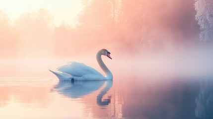 A lone swan peacefully floating on a mist-covered lake at dawn, with soft light reflecting on the water.