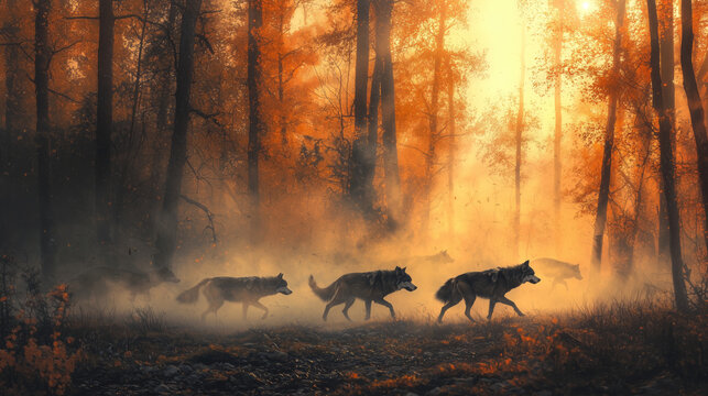 Wolf pack walking through misty autumn forest at sunrise
