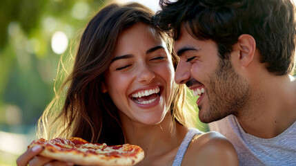 Couple enjoys a joyful moment while eating pizza outdoors during a sunny day surrounded by nature