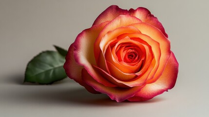 Vibrant orange and pink rose with green leaf on neutral background