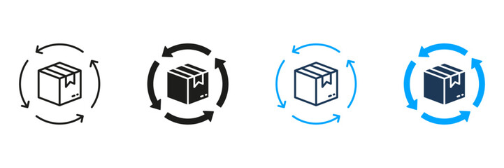 Return Parcel Line and Silhouette Icon Set. Delivery Box with Circle Arrows Icon. Shipping Order Package Symbol. Refund Cardboard Packaging Sign. Editable Stroke. Isolated Vector Illustration