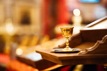 Communion goblet on table in church. special vessel in Orthodox Church