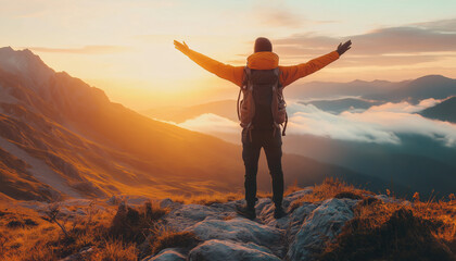 Obraz premium Hiker standing on mountain peak at sunrise embracing nature and freedom with open arms and backpack