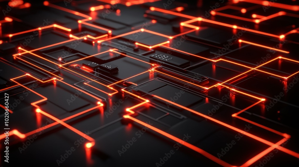 Poster abstract circuit board with red glowing lines