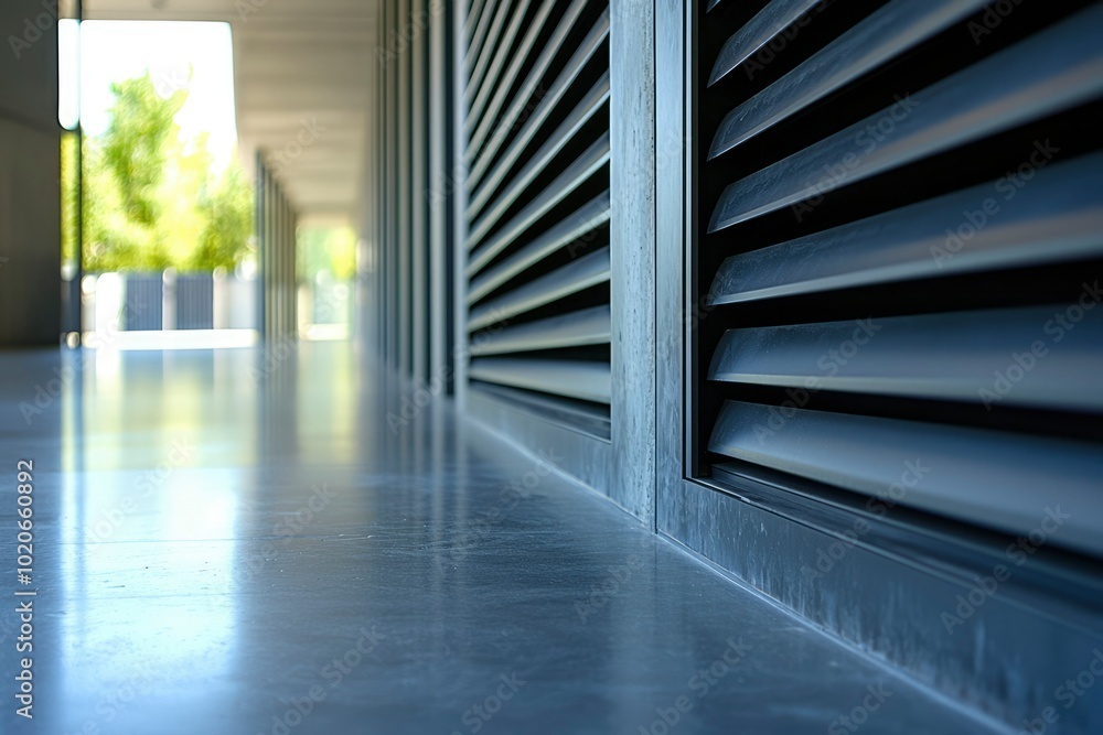 Poster modern architecture with louvered windows and reflective floor
