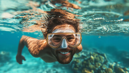 Smiling man swimming underwater with snorkeling gear, enjoying a fun and adventurous aquatic experience