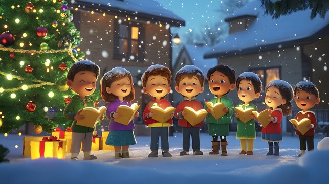 Children gathered in a snowy village square singing Christmas carols, with brightly wrapped gifts and softly glowing Christmas trees, in a cheerful and friendly style 