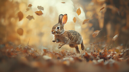 Obraz premium Rabbit hopping through autumn leaves with soft golden light 