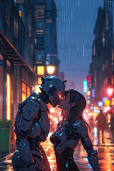 amore diverso. illustrazione di ragazza che bacia robot al centro di una strada in notte piovosa