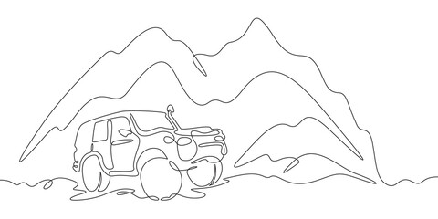 Continuous one line drawing SUV in nature. High mountains. Car trip.One continuous line isolated minimal illustration. © derplan13