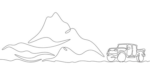 Continuous one line drawing SUV in nature. High mountains. Car trip.One continuous line isolated minimal illustration. © derplan13