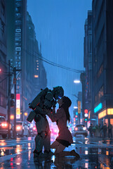 amore diverso. illustrazione di ragazza che bacia robot al centro di una strada in notte piovosa