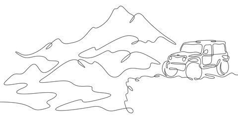 Continuous one line drawing SUV on a rock. Mountain landscape. 4x4 car off-road.One continuous line...