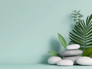 A serene arrangement of stones and greenery set against a calming mint backdrop for relaxation and wellness.