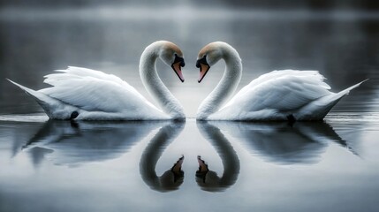 Obraz premium A pair of elegant swans swimming together in a peaceful pond, their necks forming a heart shape.