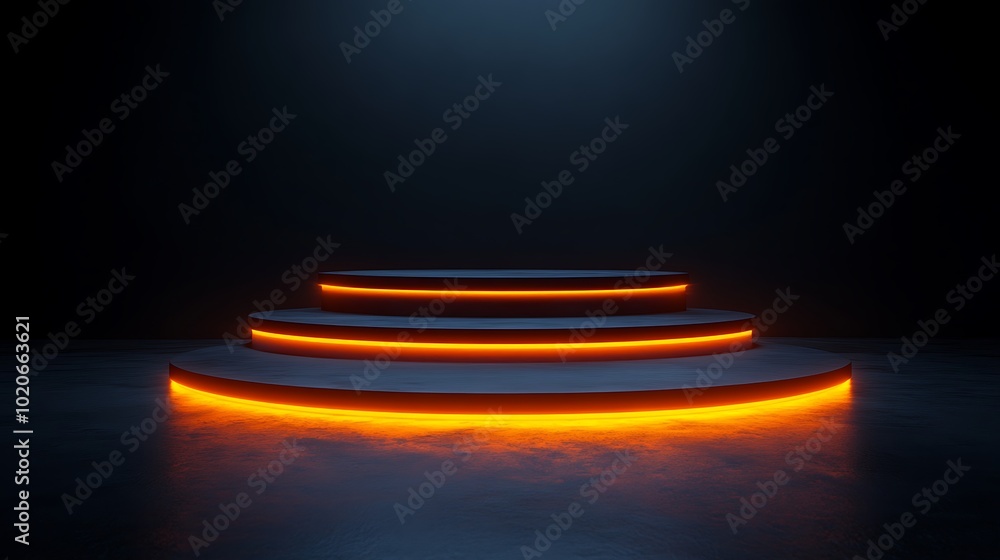 Poster a dark, empty stage with three circular platforms illuminated by orange neon lights.