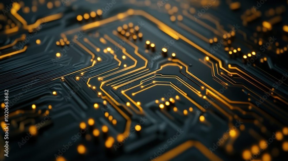 Poster close-up of a glowing circuit board with intricate pathways and connections.