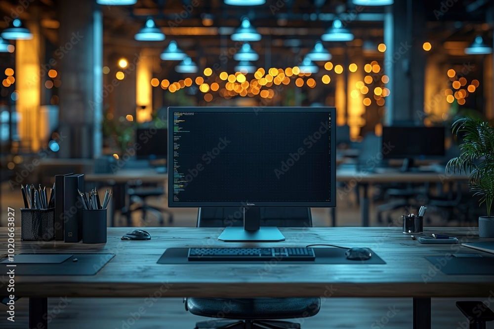 Poster computer monitor on a desk in a modern office setting