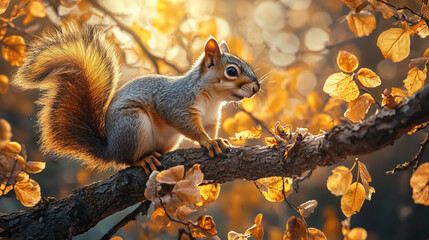 Obraz premium Squirrel perched on tree branch in golden autumn light 