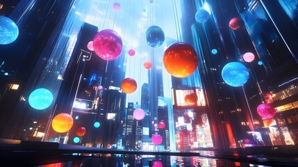A surreal urban scene with colorful orbs suspended in the air above a modern city, showcasing sleek architecture and vibrant lights, representing the endless potential of creative urban design 
