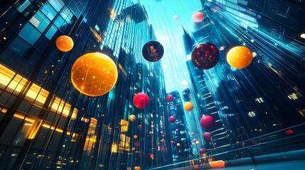 A surreal urban scene with colorful orbs suspended in the air above a modern city, showcasing sleek architecture and vibrant lights, representing the endless potential of creative urban design 