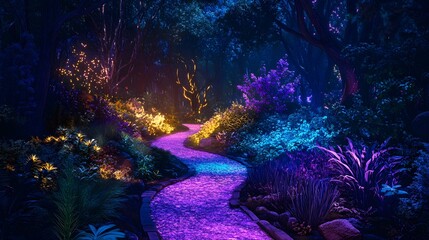 A vibrant and colorful path illuminated with glowing hues, meandering through an enchanting forest filled with whimsical plants and a mystical atmosphere, representing a dreamlike journey 