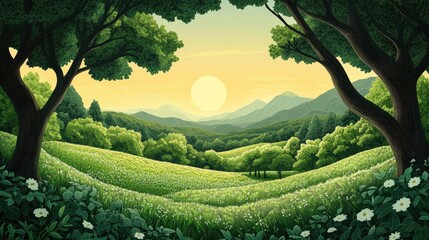 Naklejka premium Lush green fields adorned with trees Lush green fields with trees