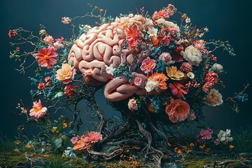 A vibrant brain sculpture intertwined with flowers symbolizes mental health awareness, ideal for campaigns and events promoting self-care and positivity.