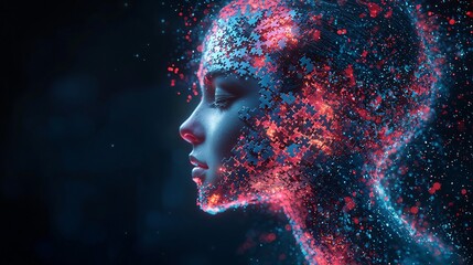 A striking digital artwork symbolizing mental health awareness with a disintegrating puzzle silhouette, ideal for Mental Health Day promotions, workshops, and wellness campaigns.