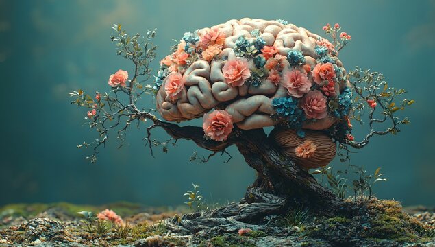 A surreal brain sculpture intertwined with flowers and a tree trunk, ideal for Mental Health Day promotions, self-care workshops, and creative thinking campaigns.