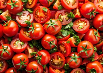 Vibrant red tomatoes, freshly chopped and ready for culinary delights, showcased against a colorful backdrop, perfect for capturing the essence of delectable food photography.
