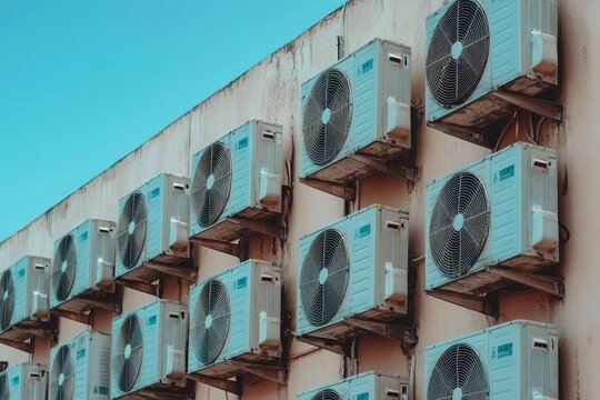 An array of air conditioner units mounted on an exterior wall.