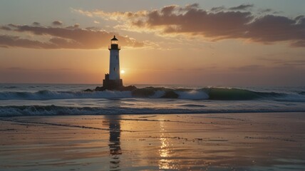 Fototapeta premium A lighthouse stands tall on a rocky outcrop as the sun sets over the ocean, casting a golden glow on the waves and beach.