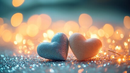 Fototapeta premium Two fabric hearts resting on a glittery surface with glowing heart bokeh and warm fairy lights illuminating the background, soft pastel colors