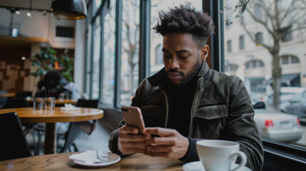 A man checking emails on his phone while enjoying a warm drink at a café on a busy street in the afternoon