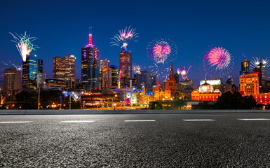 fireworks in the city night road landscape building skyline outdoor cityscape