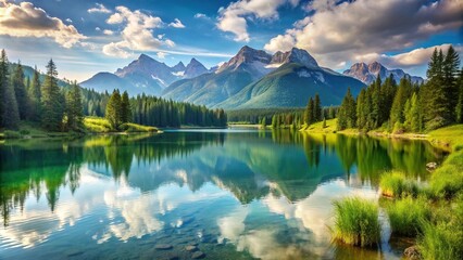 Forced perspective romantic summer landscape with lake and mountains