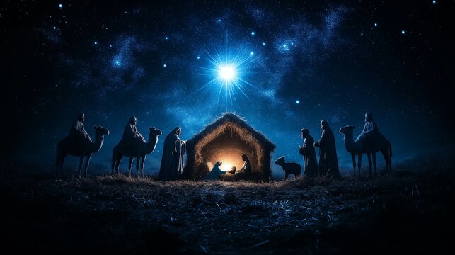 Nativity scene with the Holy Family, shepherds, and camels under the night sky illuminated by the star of Bethlehem