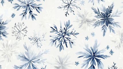 Watercolor snowflakes in subtle shades of blue and white, minimalist and delicate, scattered over light gray background, seamless pattern