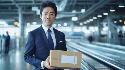 a stylish Japanese man dressed in a sleek business suit, looking confident and professional. He is holding a package labeled with Japanese text,