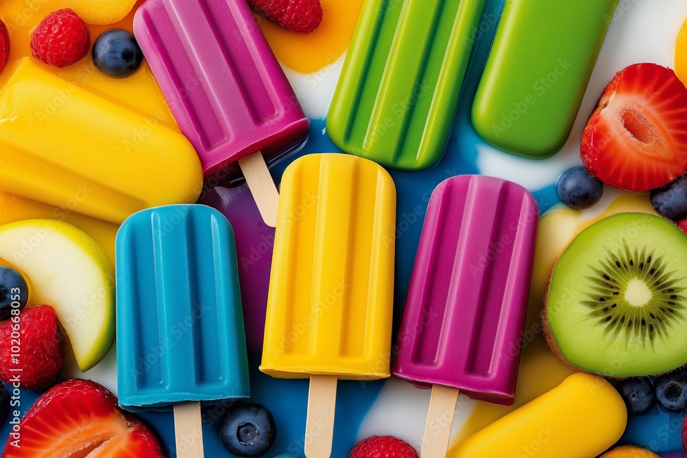 Poster colorful assortment of fruit and popsicles. collection of popsicles on sticks. arrange the popsicles