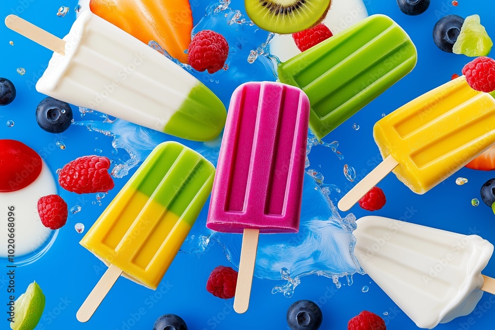 Poster colorful assortment of fruit and popsicles. collection of popsicles on sticks. arrange the popsicles