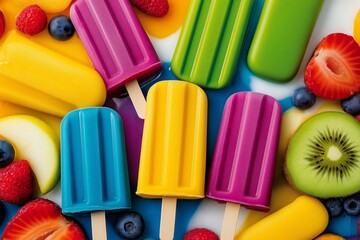 Colorful assortment of fruit and popsicles. collection of popsicles on sticks. Arrange the popsicles either as a bouquet or floating in air from various angles, creating a dynamic and playful scene.