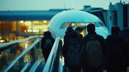 Travelers boarding a plane via jet bridge at dusk, preparing for an evening flight to their destination